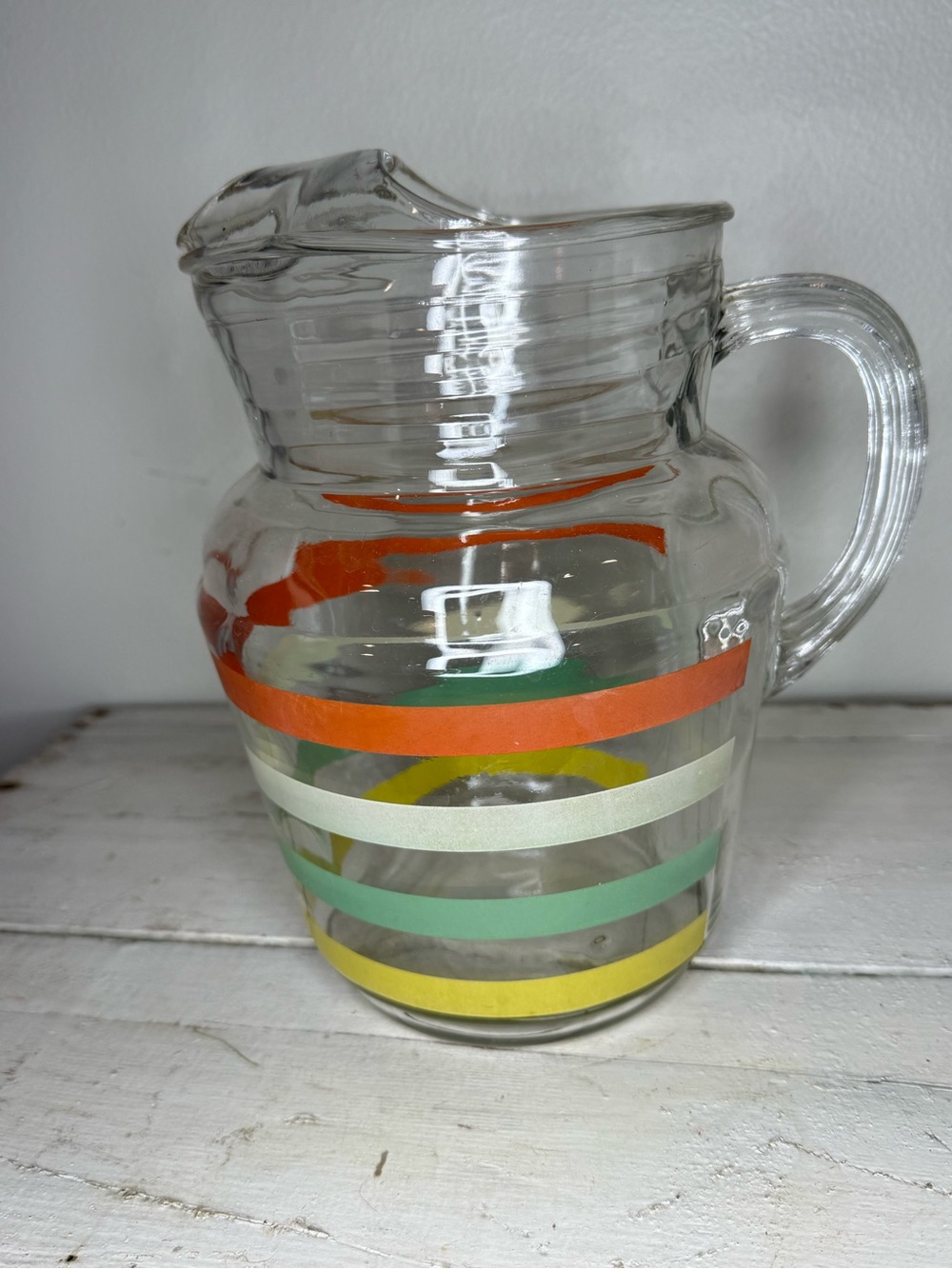 Vintage Anchor Hocking Glass Pitcher w Ice Lip Stripes Bands Multi-Colored 9" T